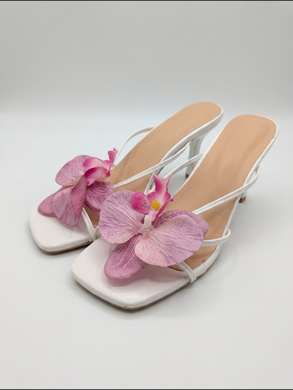 White Heeled Mules with Pink Orchid Accent